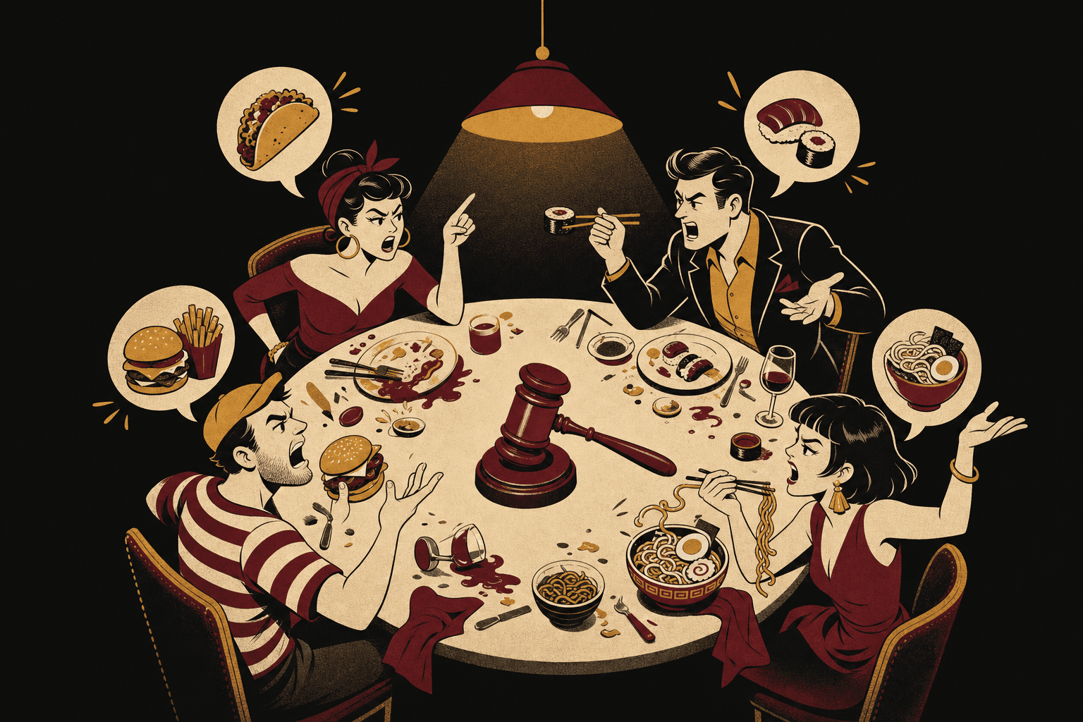 A chaotic dinner table being settled by the verdict